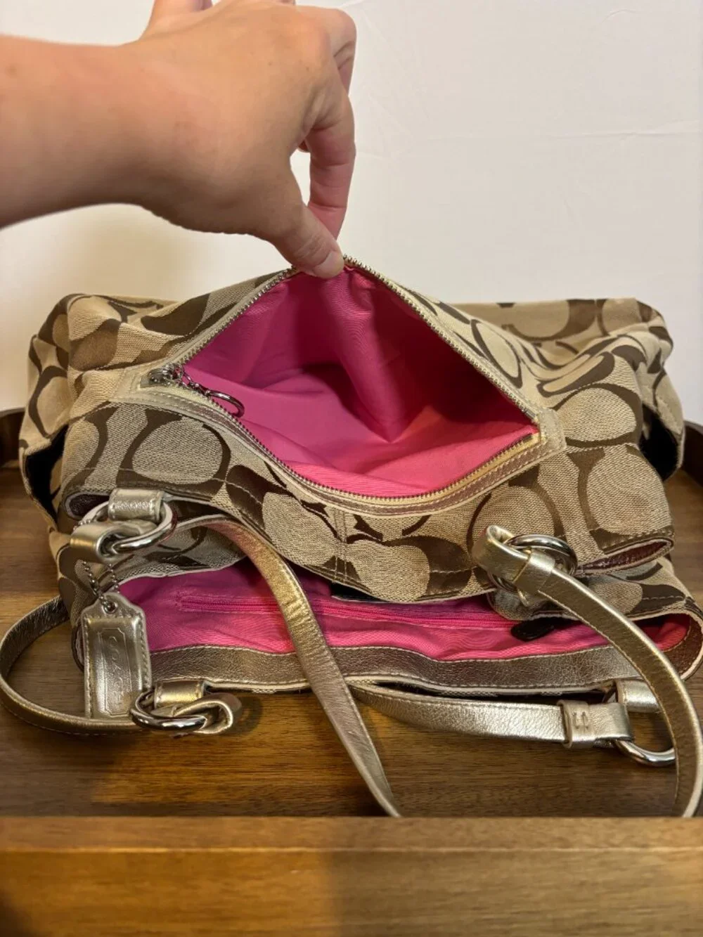 Coach Gabby Signature Khaki Metallic Gold XL Tote